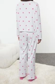 Kadın Moda Şık Bisiklet Yaka Geniş Paça Uzun Kol Kalpli Baskılı Lastikli Örme Pijama Takımı - 4