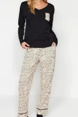 Kadın Moda V Yaka Boru Paça Uzun Kol %100 Pamuk Leopar Desenli Tshirt-Pantolon Örme Pijama Takımı - 1