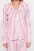 Kadın Gömlek Yaka Boru Paça Uzun Kol Pembe %100 Pamuklu Çizgili Gömlek-Pantolon Örme Pijama Takımı - 4