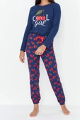 Kadın Moda Şık Bisiklet Yaka Boru Paça Uzun Kol %100 Pamuklu Kiraz Baskılı Örme Pijama Takımı - 2