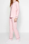 Kadın Gömlek Yaka Boru Paça Uzun Kol Çizgili Biyeli İçi Polarlı Gömlek-Pantolon Örme Pijama Takımı - 5