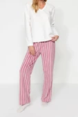 Kadın Moda Şık V Yaka Boru Paça Uzun Kol Beyaz Çizgili Polar Kışlık Örme Pijama Takımı - 2