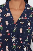 Kadın Moda Gömlek Yaka Boru Paça Uzun Kol %100 Pamuk Penguen Desenli Kış Temalı Örme Pijama Takımı - 4