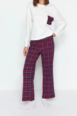 Kadın Moda Şık Bisiklet Yaka Boru Paça Uzun Kol %100 Pamuklu Ekoseli Cep Detaylı Örme Pijama Takımı - 1