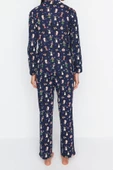 Kadın Moda Gömlek Yaka Boru Paça Uzun Kol %100 Pamuk Penguen Desenli Kış Temalı Örme Pijama Takımı - 6