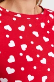 Kadın Bisiklet Yaka Boru Paça Uzun Kol Kırmızı %100 Pamuk Kalpli Tshirt-Pantolon Örme Pijama Takımı - 5