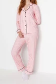 Kadın Gömlek Yaka Boru Paça Uzun Kol Çizgili Biyeli İçi Polarlı Gömlek-Pantolon Örme Pijama Takımı - 1