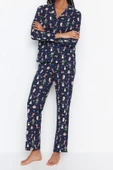 Kadın Moda Gömlek Yaka Boru Paça Uzun Kol %100 Pamuk Penguen Desenli Kış Temalı Örme Pijama Takımı - 3