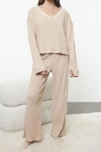 Kadın Moda Şık V Yaka Geniş Paça Uzun Kol Biyeli Fitilli Örme Pijama Takımı - 2