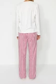 Kadın Moda Şık V Yaka Boru Paça Uzun Kol Beyaz Çizgili Polar Kışlık Örme Pijama Takımı - 6