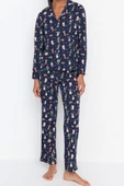 Kadın Moda Gömlek Yaka Boru Paça Uzun Kol %100 Pamuk Penguen Desenli Kış Temalı Örme Pijama Takımı - 5