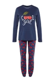 Kadın Moda Şık Bisiklet Yaka Boru Paça Uzun Kol %100 Pamuklu Kiraz Baskılı Örme Pijama Takımı - 1