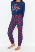 Kadın Moda Şık Bisiklet Yaka Boru Paça Uzun Kol %100 Pamuklu Kiraz Baskılı Örme Pijama Takımı - 5