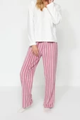 Kadın Moda Şık V Yaka Boru Paça Uzun Kol Beyaz Çizgili Polar Kışlık Örme Pijama Takımı - 3