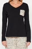 Kadın Moda V Yaka Boru Paça Uzun Kol %100 Pamuk Leopar Desenli Tshirt-Pantolon Örme Pijama Takımı - 4