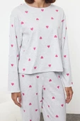 Kadın Moda Şık Bisiklet Yaka Geniş Paça Uzun Kol Kalpli Baskılı Lastikli Örme Pijama Takımı - 2