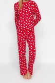 Kadın Bisiklet Yaka Boru Paça Uzun Kol Kırmızı %100 Pamuk Kalpli Tshirt-Pantolon Örme Pijama Takımı - 1