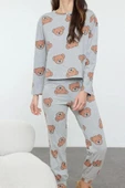 Kadın Moda Şık Bisiklet Yaka Boru Paça Uzun Kol %100 Pamuklu Ayıcık Desenli Örme Pijama Takımı - 1