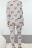 Kadın Moda Şık Bisiklet Yaka Boru Paça Uzun Kol %100 Pamuklu Ayıcık Desenli Örme Pijama Takımı - 4