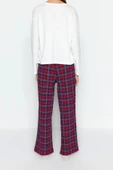 Kadın Moda Şık Bisiklet Yaka Boru Paça Uzun Kol %100 Pamuklu Ekoseli Cep Detaylı Örme Pijama Takımı - 4