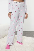 Kadın Moda Şık Bisiklet Yaka Geniş Paça Uzun Kol Kalpli Baskılı Lastikli Örme Pijama Takımı - 3