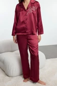 Kadın Gömlek Yaka Geniş Paça Uzun Kol Taş Kurdele Fiyonk Aksesuar Detaylı Saten Dokuma Pijama Takımı - 1