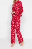Kadın Bisiklet Yaka Boru Paça Uzun Kol Kırmızı %100 Pamuk Kalpli Tshirt-Pantolon Örme Pijama Takımı - 2