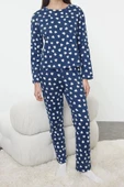 Kadın Moda Şık Bisiklet Yaka Geniş Paça Uzun Kol %100 Pamuklu Kalp Desenli Örme Pijama Takımı - 1