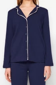 Kadın Moda Gömlek Yaka Boru Paça Uzun Kol Lacivert Pamuklu Biyeli Gömlek-Pantolon Örme Pijama Takımı - 4