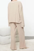 Kadın Moda Şık V Yaka Geniş Paça Uzun Kol Biyeli Fitilli Örme Pijama Takımı - 5