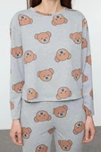 Kadın Moda Şık Bisiklet Yaka Boru Paça Uzun Kol %100 Pamuklu Ayıcık Desenli Örme Pijama Takımı - 2
