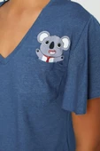 Kadın Moda Şık V Yaka Boru Paça Kısa Kol Pamuklu Koala Baskılı Kol Volan Detaylı Örme Pijama Takımı - 4
