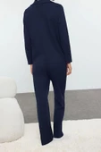 Kadın Moda Şık Gömlek Yaka Boru Paça Uzun Kol Kurdele Fiyonklu Waffle Kumaş Örme Pijama Takımı - 4