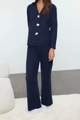 Kadın Moda Şık Gömlek Yaka Boru Paça Uzun Kol Kurdele Fiyonklu Waffle Kumaş Örme Pijama Takımı - 1