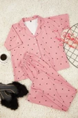 Kadın Moda Şık Gömlek Yaka Boru Paça Kısa Kol Kalpli Örme Pijama Takımı - 1