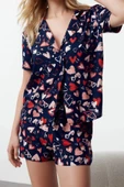 Kadın Moda Şık Gömlek Yaka Geniş Paça Uzun Kol Kalp Desenli Viskon Dokuma Pijama Takımı - 3