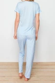 Kadın Moda Şık Bisiklet Yaka Boru Paça Kısa Kol Pötikare ve Baskılı Örme Pijama Takımı - 5