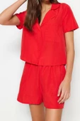 Kadın Moda Şık Gömlek Yaka Boru Paça Uzun Kol Terrycotton Gömlek-Şort Dokuma Pijama Takımı - 2