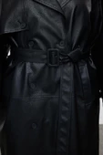 Kadın Büyük Beden Moda Şık Oversize Ceket Yaka Uzun Düz Astarlı Fit Maxi Boy Suni Deri Trençkot - 5