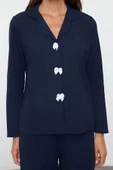Kadın Moda Şık Gömlek Yaka Boru Paça Uzun Kol Kurdele Fiyonklu Waffle Kumaş Örme Pijama Takımı - 2