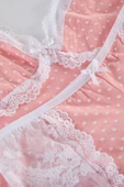 Kadın V Yaka Dar Paça Pamuklu Puantiyeli Dantel ve Kurdele Fiyonk Detaylı Örme Pijama Takımı - 2