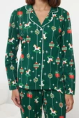 Kadın Moda Şık Gömlek Yaka Boru Paça Uzun Kol %100 Pamuklu Yılbaşı Temalı Örme Pijama Takımı - 1