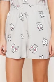 Kadın Moda Şık Bisiklet Yaka Boru Paça Kısa Kol %100 Pamuklu Eğlence Desenli Örme Pijama Takımı - 5