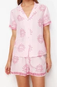 Kadın Moda Şık Gömlek Yaka Geniş Paça Kısa Kol Galaksi Desenli Viskon Dokuma Pijama Takımı - 4