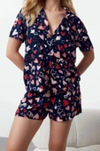 Kadın Moda Şık Gömlek Yaka Geniş Paça Uzun Kol Kalp Desenli Viskon Dokuma Pijama Takımı - 2