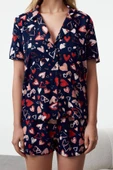 Kadın Moda Şık Gömlek Yaka Geniş Paça Uzun Kol Kalp Desenli Viskon Dokuma Pijama Takımı - 1