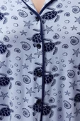 Kadın Moda Şık Gömlek Yaka Boru Paça Kısa Kol Desenli Biyeli Örme Pijama Takımı - 4