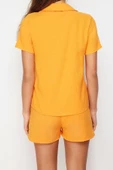 Kadın Moda Şık Gömlek Yaka Boru Paça Kısa Kol Arı Nakışlı Dokuma Pijama Takımı - 3