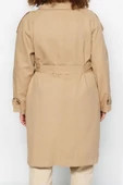 Kadın Büyük Beden Moda Şık Oversize Ceket Yaka Uzun Düz Astarlı Kemerli Gabardin Mevsimlik Trençkot - 6