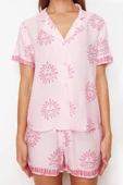 Kadın Moda Şık Gömlek Yaka Geniş Paça Kısa Kol Galaksi Desenli Viskon Dokuma Pijama Takımı - 1